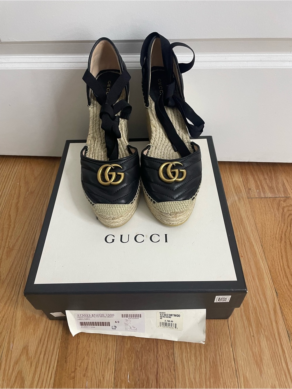 Gucci Black Leather Espadrille Wedges with Gold GG